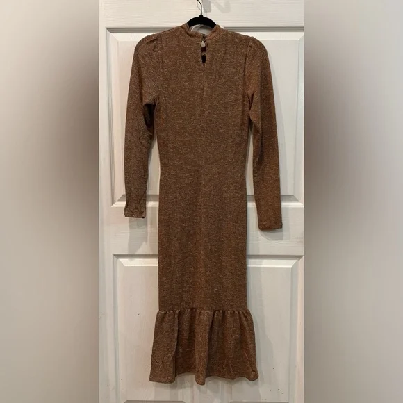 Collective Concepts Dress size Small Brown Metallic Ruched Mock Neck Midi NWT - Picture 3 of 9
